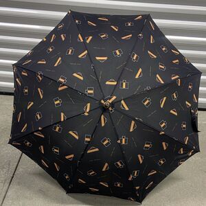 VTG,Fendi Parfums J Handle Black Umbrella with Orange and Tan Pattern